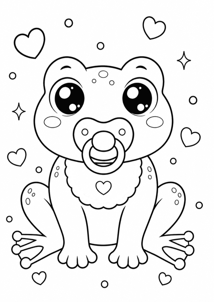 Cute baby frog coloring page with pacifier for kids
