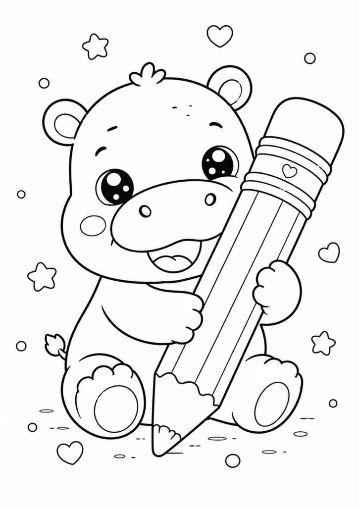 Cute baby hippo holding a giant pencil coloring page for kids