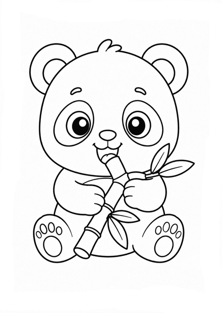 Cute baby panda eating bamboo coloring page with simple kawaii outlines