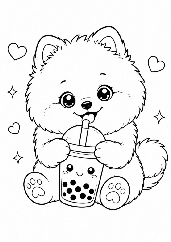 Cute baby pomeranian coloring page drinking bubble tea for kids