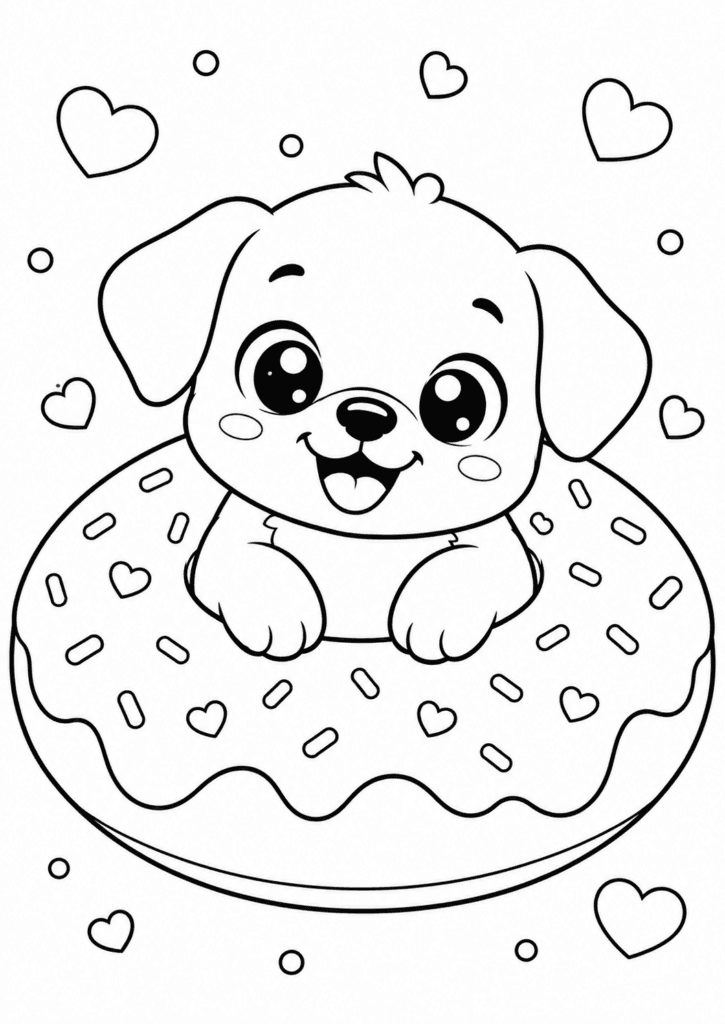 Cute baby puppy sitting in a donut coloring page for kids
