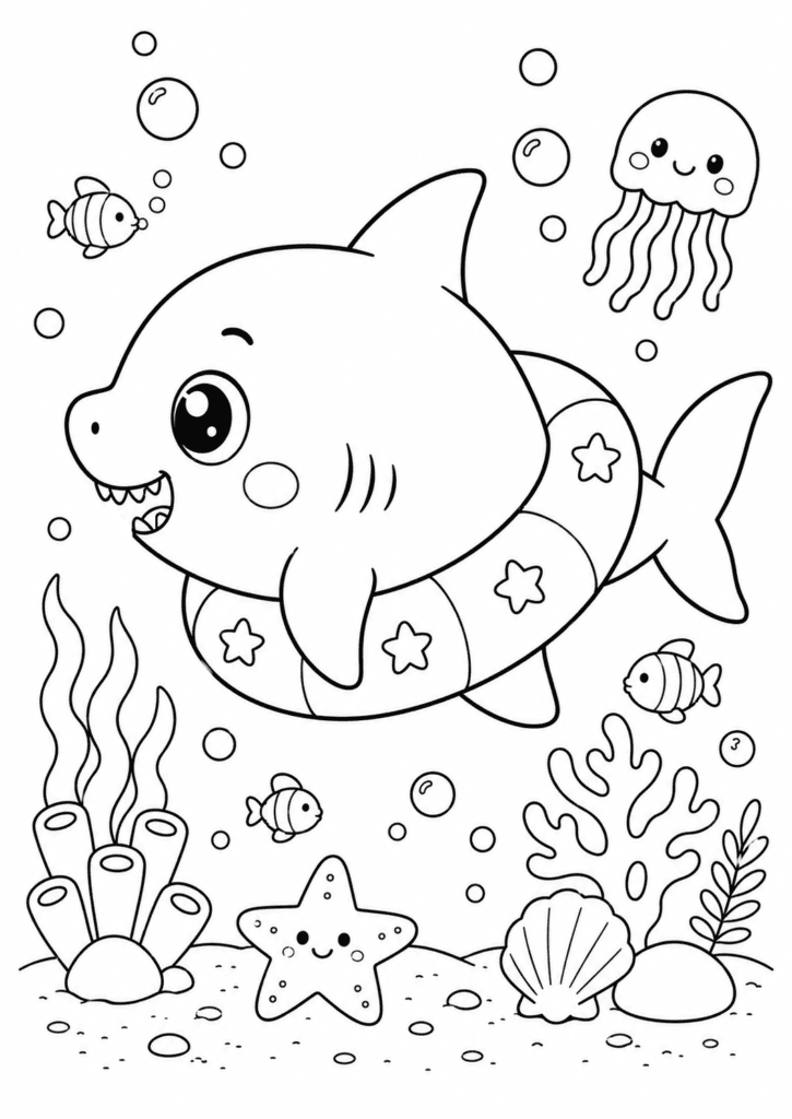 Cute baby shark with swim ring underwater coloring page for kids