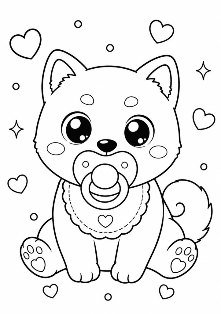 Cute baby Shiba Inu coloring page with pacifier for kids