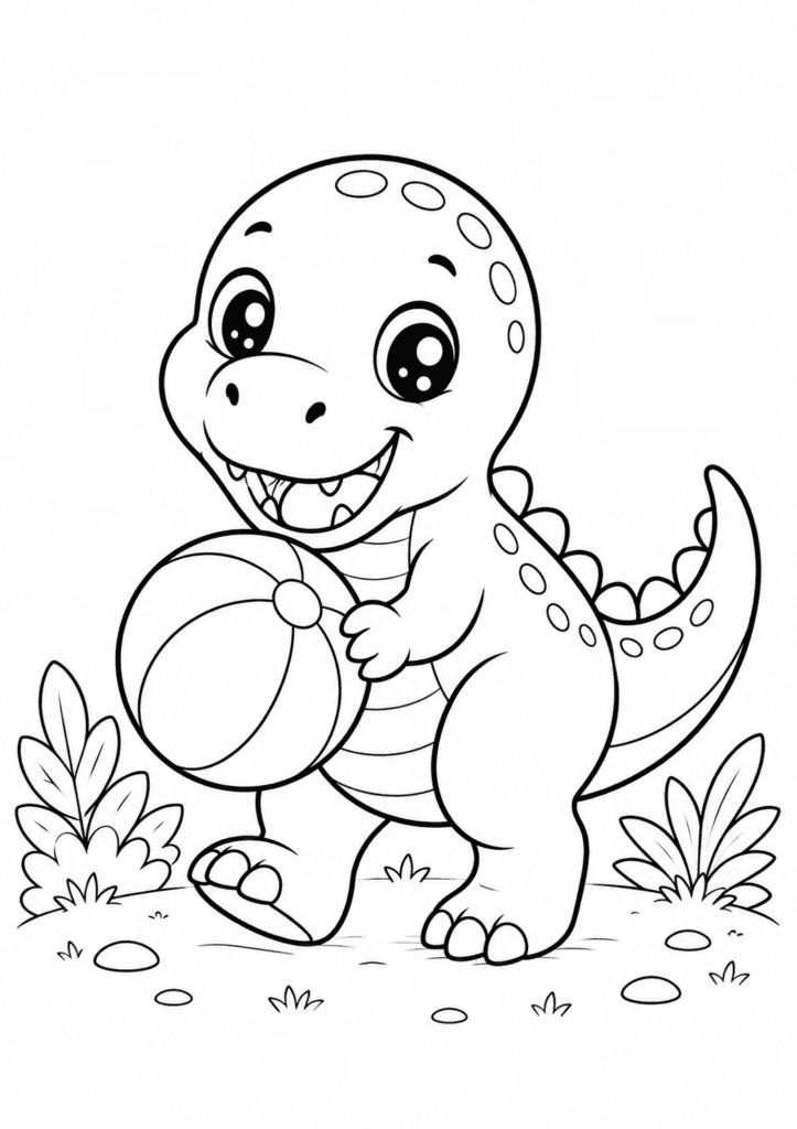 Cute baby T-Rex playing with ball coloring page for kids