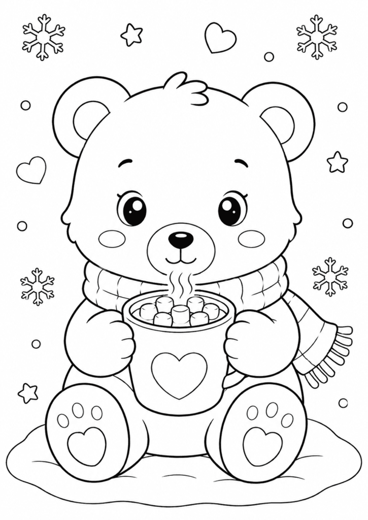 Cute bear drinking hot chocolate coloring page for kids