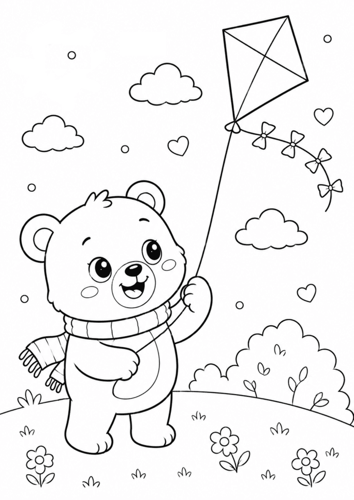 Cute bear flying kite coloring page for kids