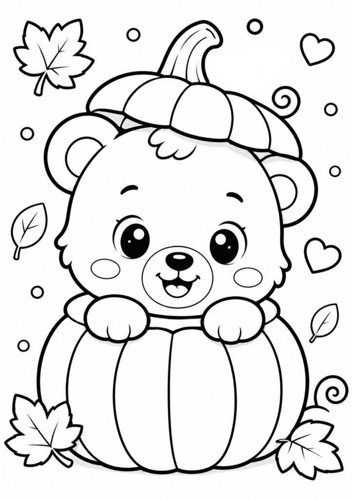 Cute bear in pumpkin coloring page for kids