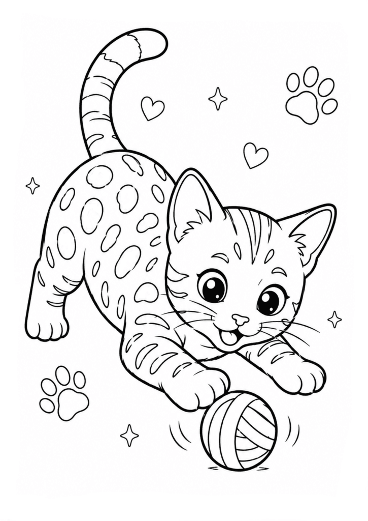 Cute Bengal cat coloring page for kids with playful kitten