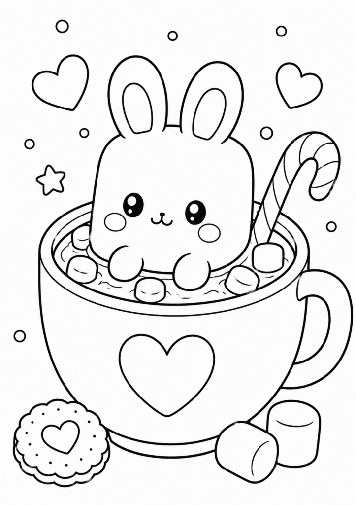 Cute bunny marshmallow sitting in hot cocoa coloring page for kids
