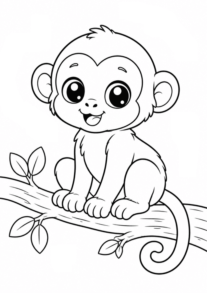 Cute capuchin monkey coloring page for kids sitting on tree branch
