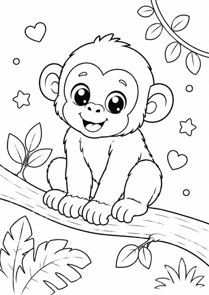 Cute chimpanzee coloring page for kids sitting on tree branch