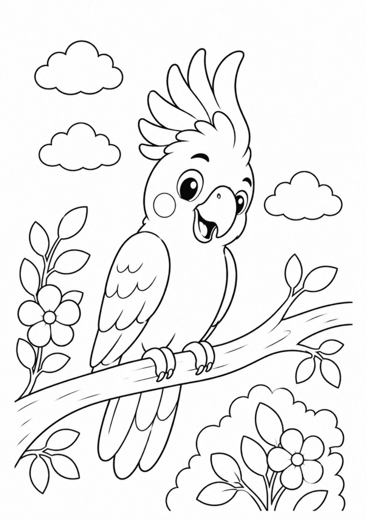 Cute cockatoo on branch coloring page for kids