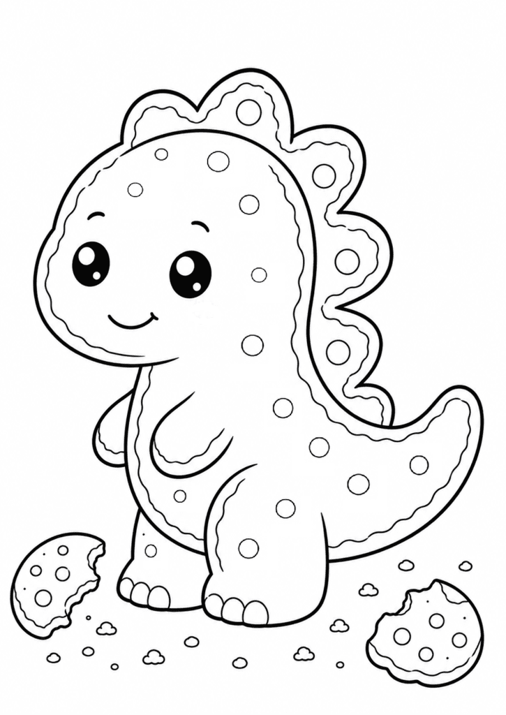 Cute cookie dinosaur coloring page with cookie crumbs for kids