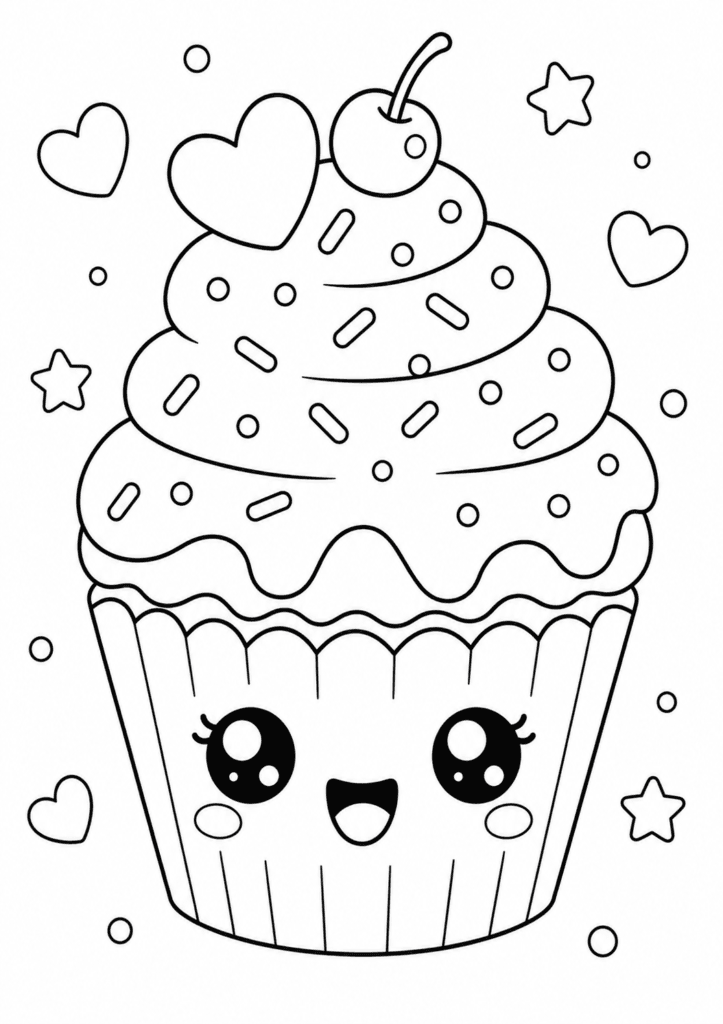Cute cupcake coloring page for toddlers with kawaii smiling cupcake