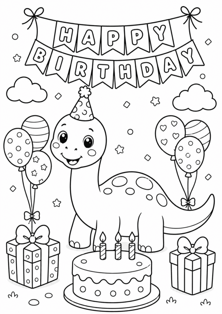 Cute dinosaur birthday party coloring page for kids