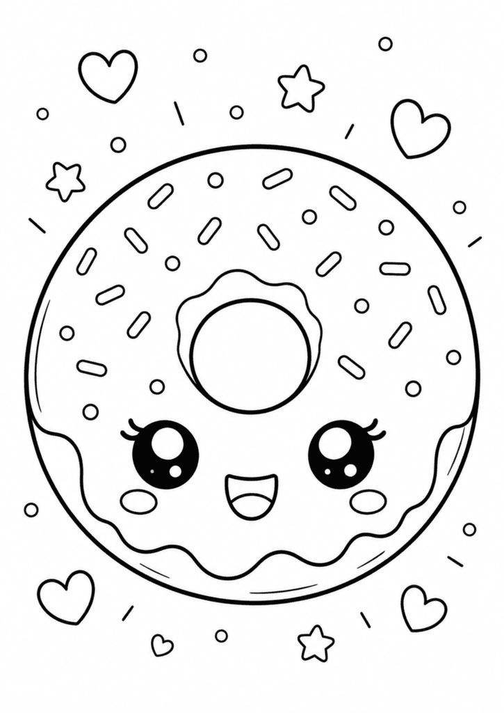 Cute donut coloring page for kids with kawaii smiling donut