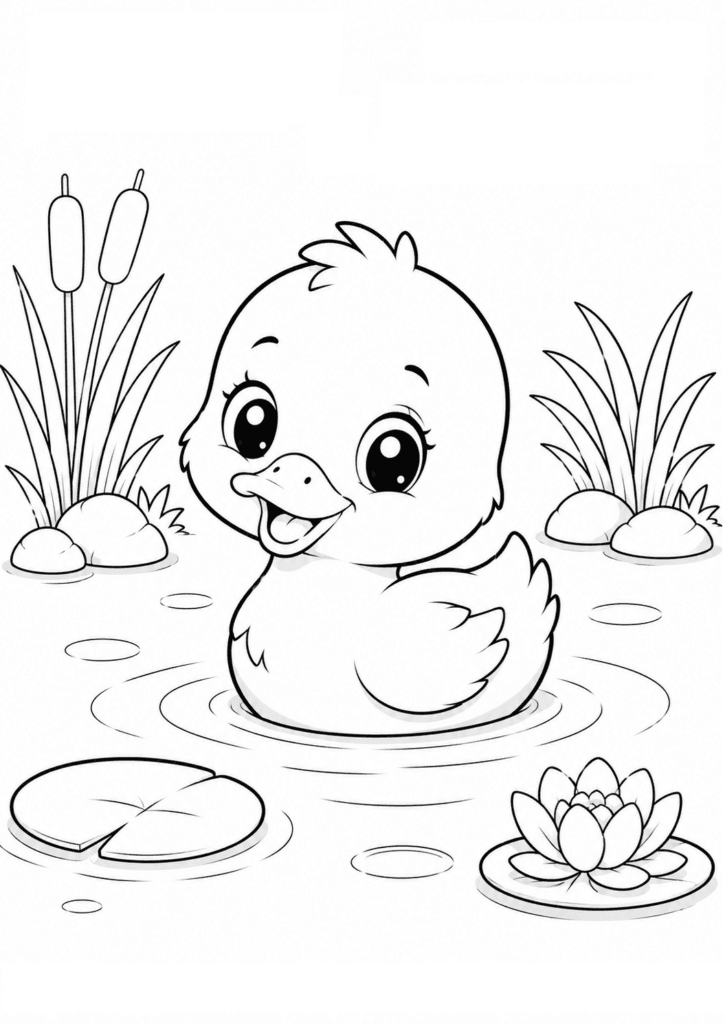 cute duckling in pond coloring page