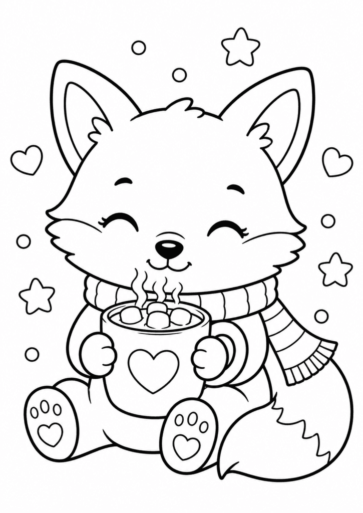 Cute fox drinking hot cocoa coloring page for kids