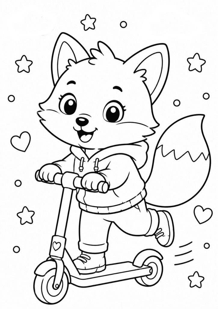 Cute fox riding scooter coloring page for kids