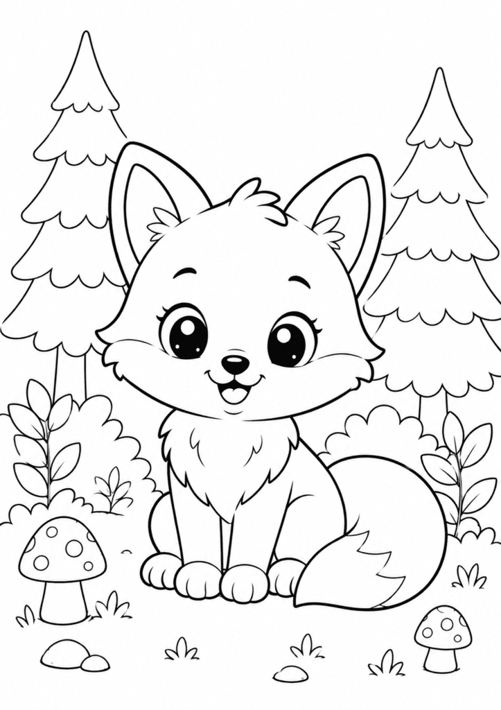 cute fox sitting in forest coloring page