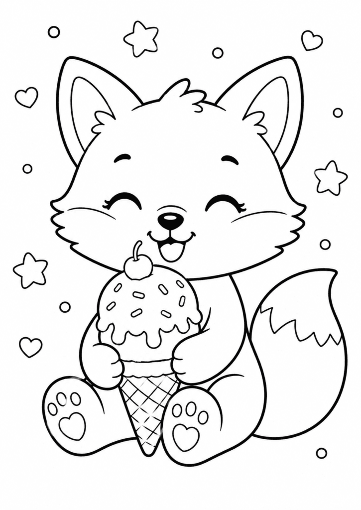 Cute fox with ice cream coloring page for kids