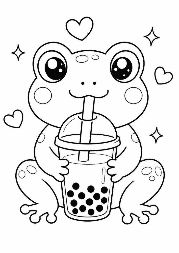 Cute frog drinking bubble tea coloring page for kids