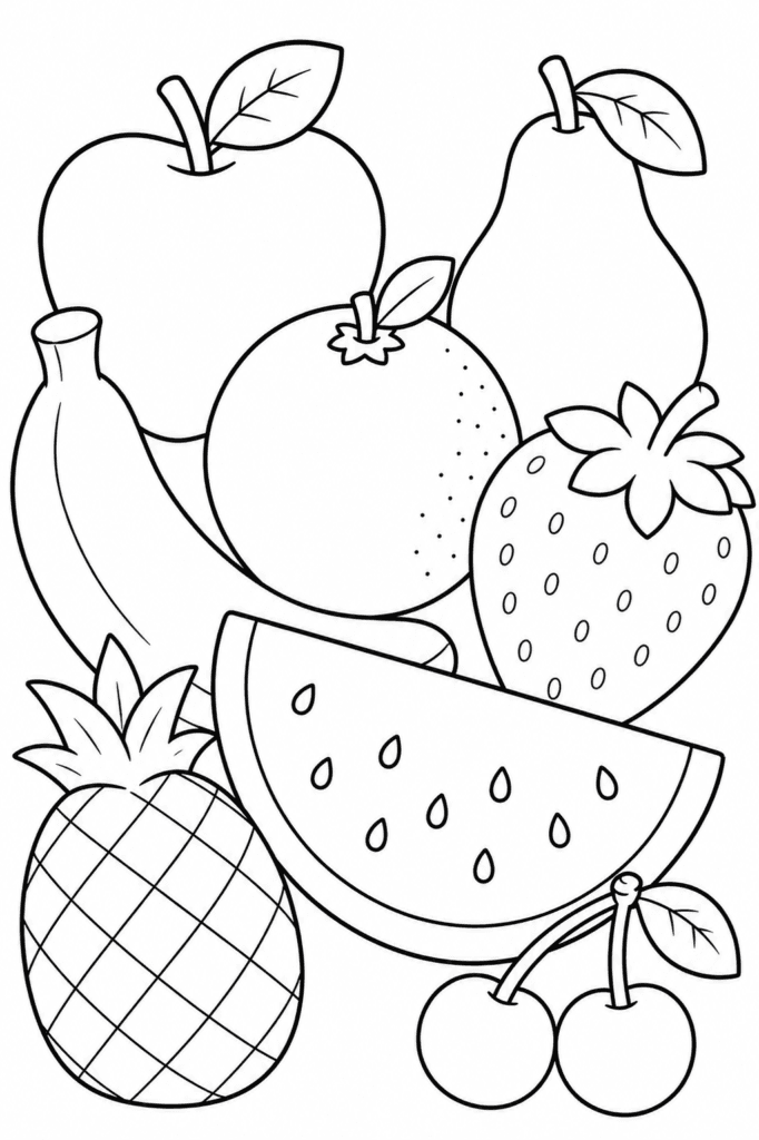 Cute fruit coloring page for kids with apple banana strawberry watermelon and pineapple