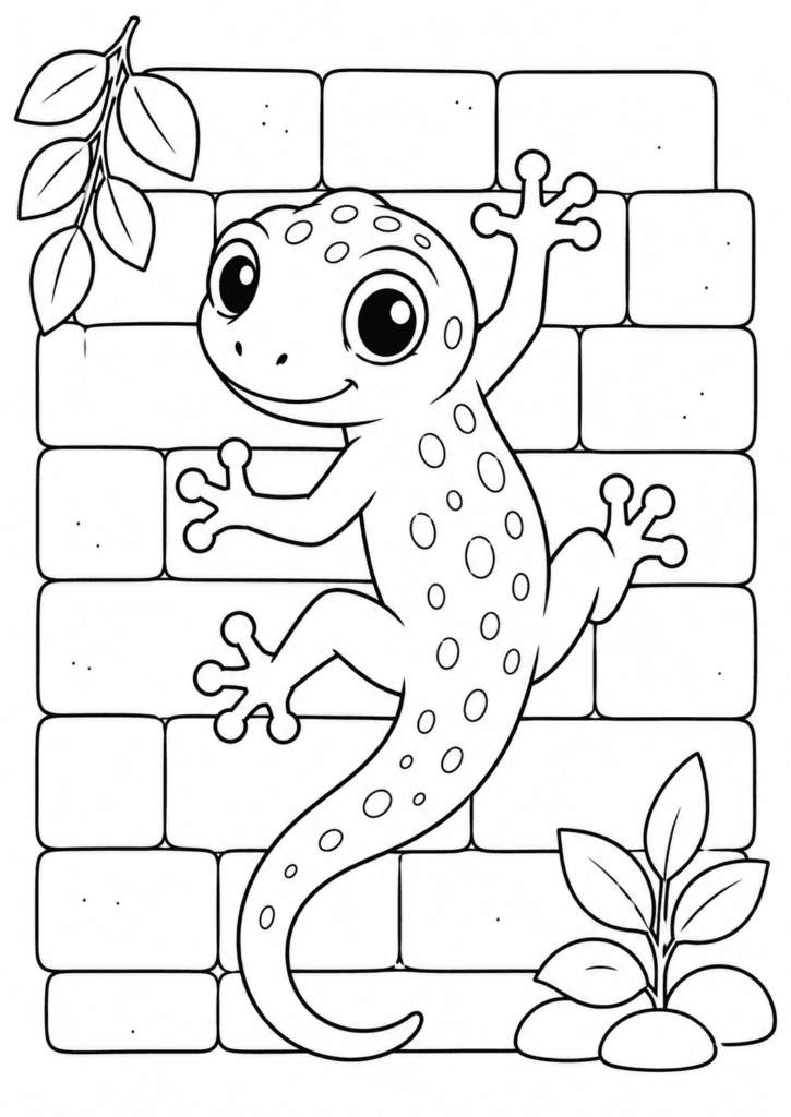 Cute gecko climbing a wall coloring page for kids