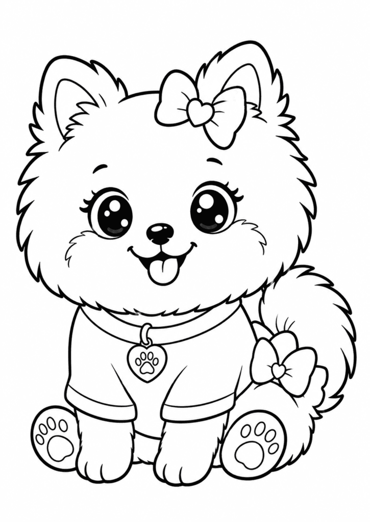 Cute girl pomeranian in clothes coloring page for kids
