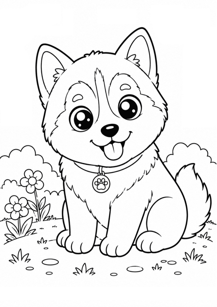 Cute husky puppy coloring page for kids with kawaii dog
