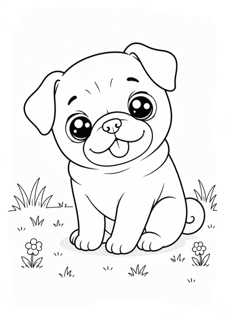Cute kawaii pug coloring page for kids with adorable puppy