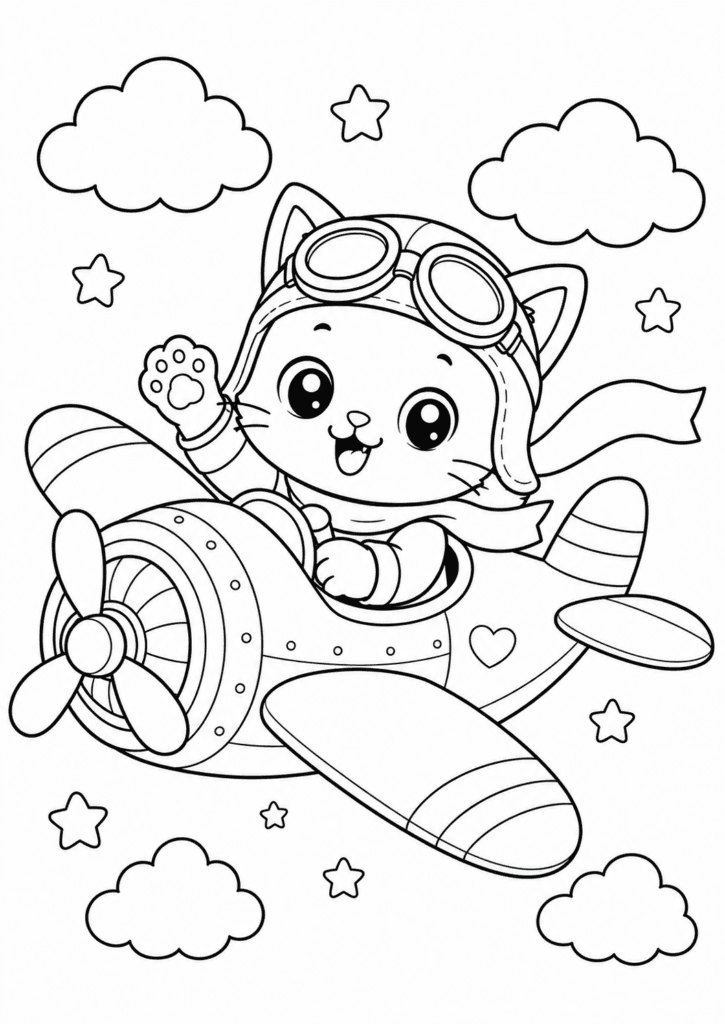 Cute kitten airplane coloring page with clouds and pilot goggles for kids