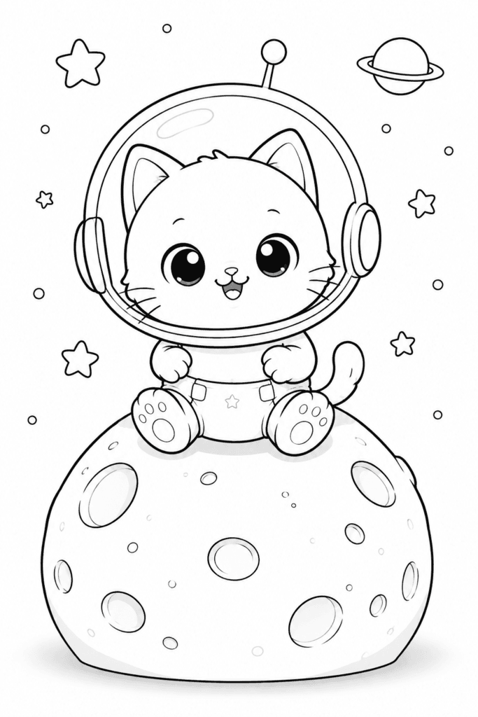 Cute kitten astronaut coloring page for kids sitting on the moon in a diaper