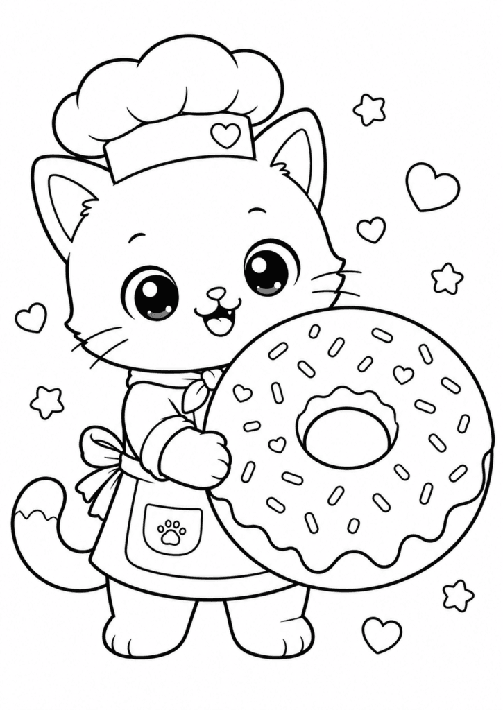 Cute kitten baker coloring page holding a giant donut for kids