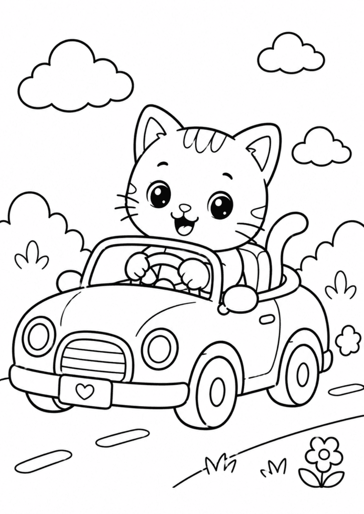 Cute kitten driving a little car coloring page for kids