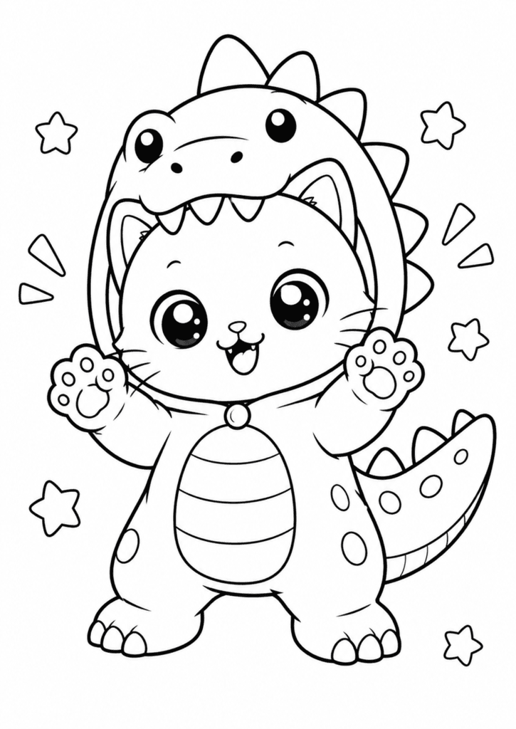 Cute kitten dinosaur costume coloring page for kids with funny kawaii outfit