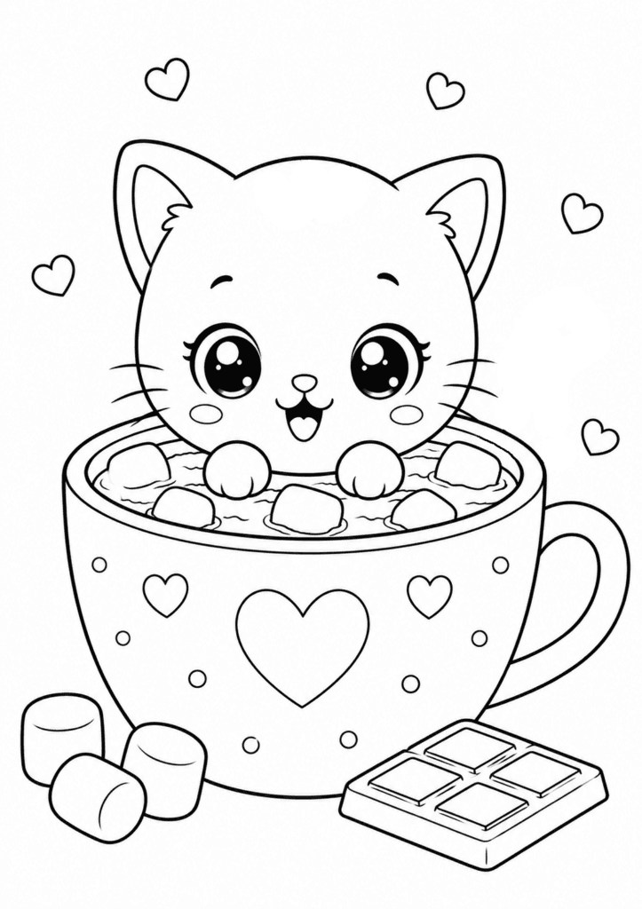 Cute kitten sitting in a giant hot cocoa mug coloring page for kids