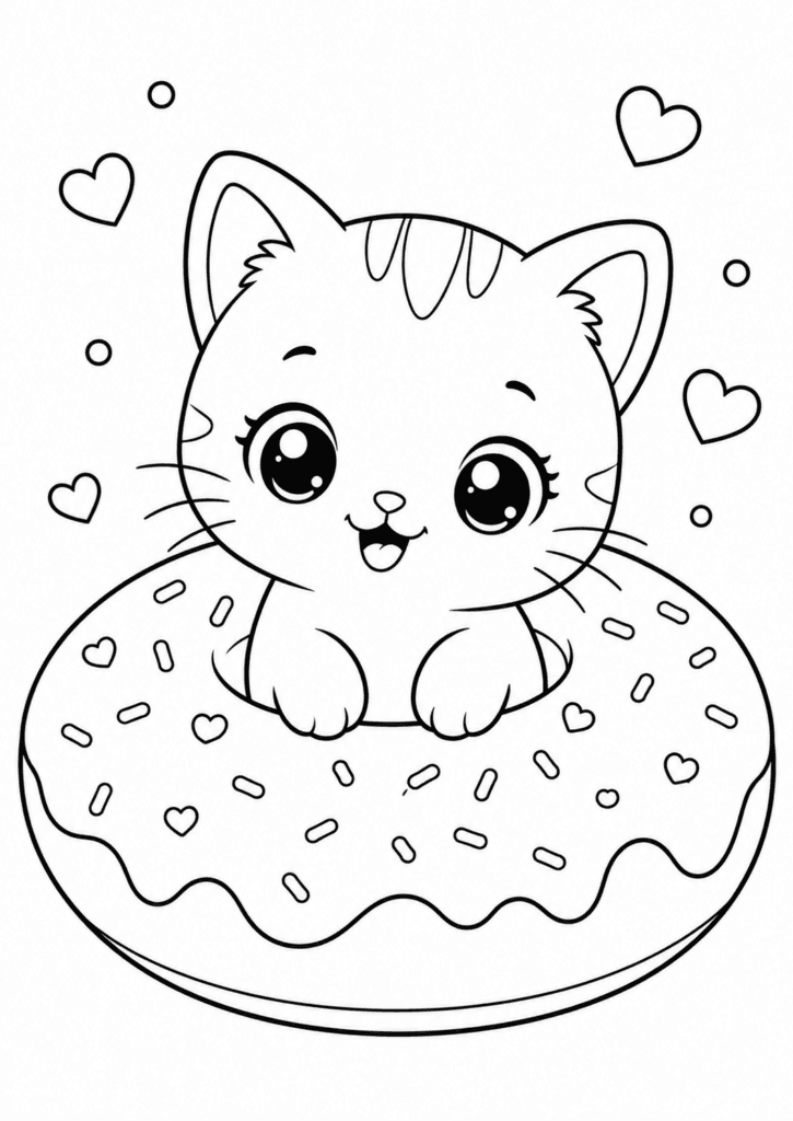 Cute kitten sitting inside a donut coloring page for kids