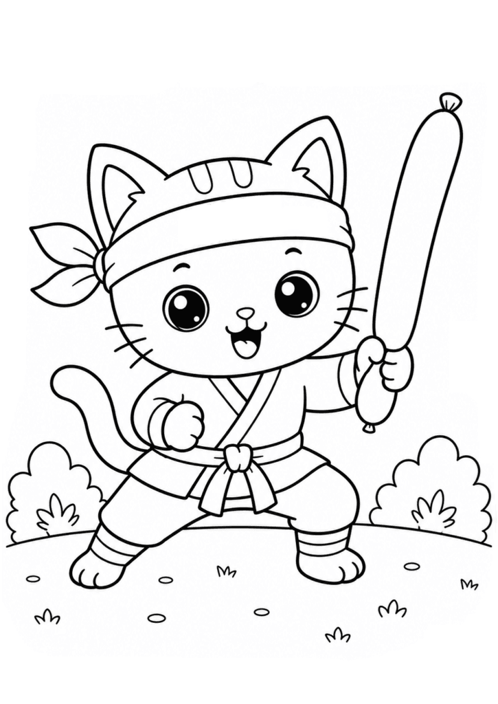 Cute kitten ninja coloring page holding a long balloon for kids