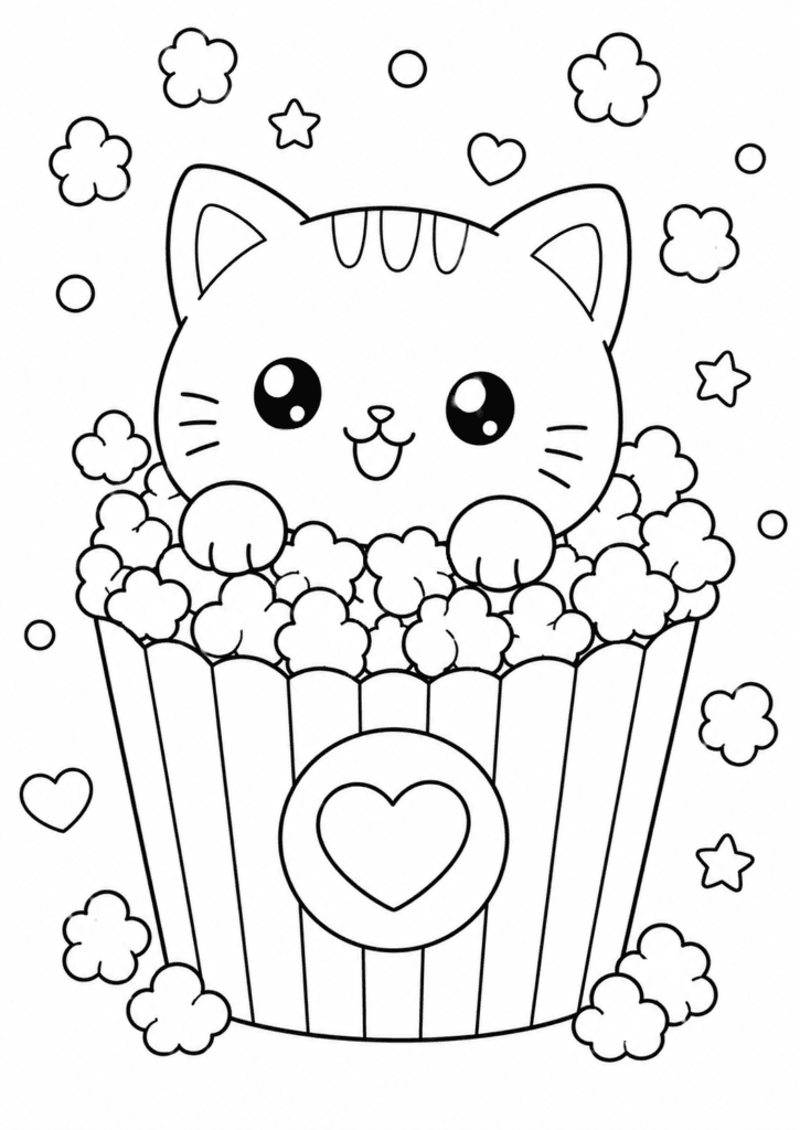 Cute kitten sitting in a popcorn bucket coloring page for kids