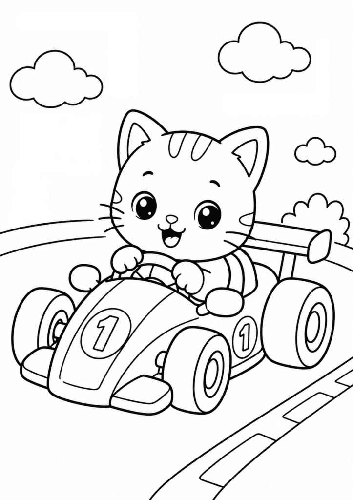 Cute kitten race car coloring page for toddlers with cartoon racing car