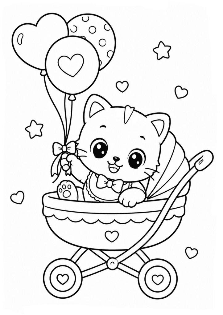 Cute baby kitten in a stroller with balloons coloring page for kids