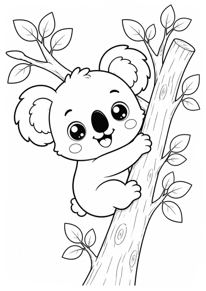 Cute koala hanging on a tree coloring page for kids