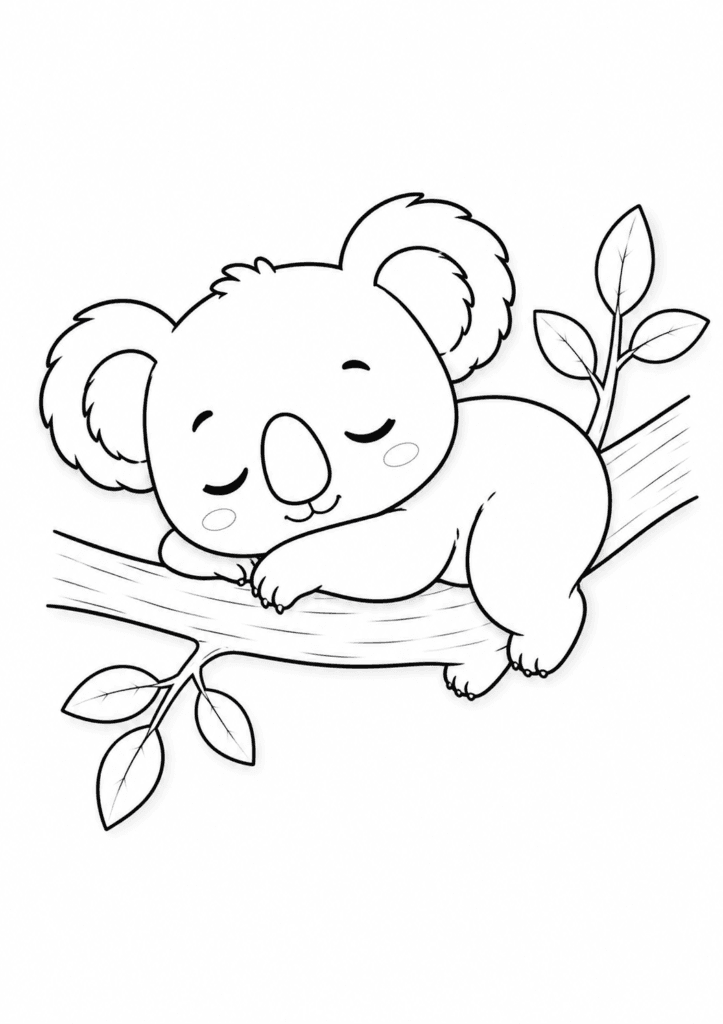 cute koala sleeping coloring page for toddlers