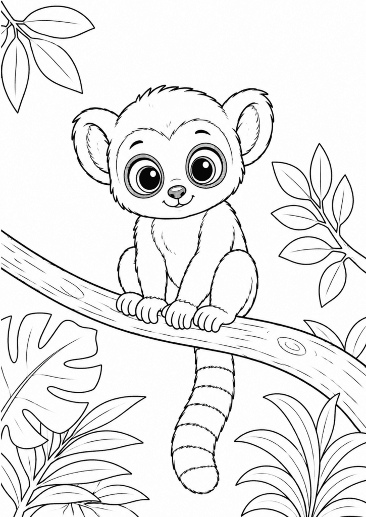 Cute lemur coloring page for kids sitting on a jungle branch
