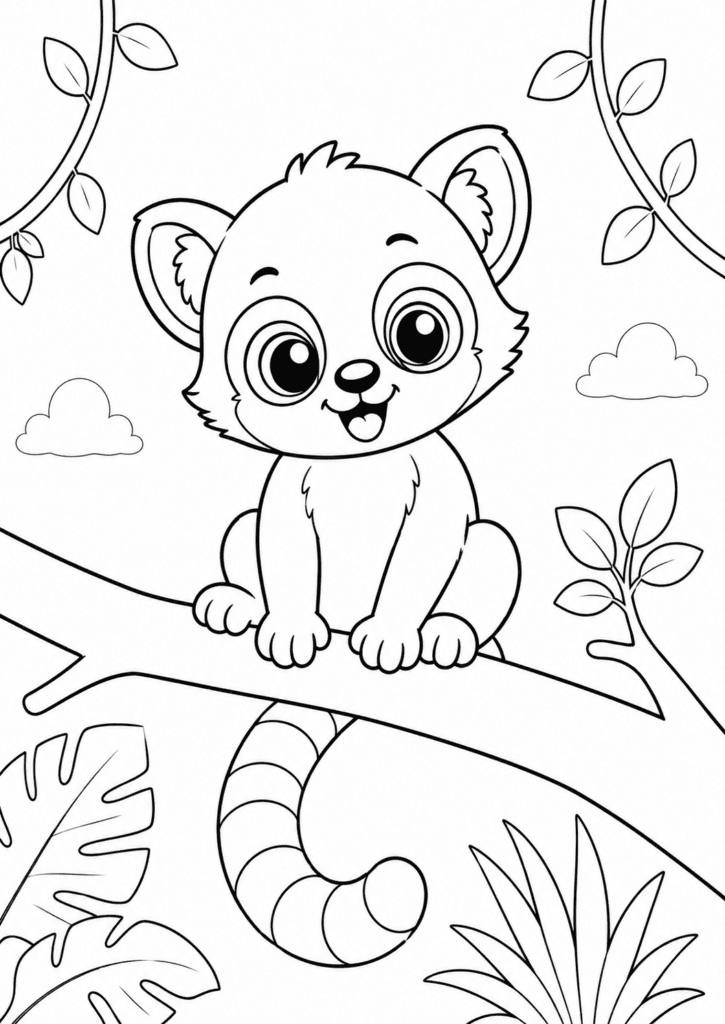 This cute lemur in the jungle coloring page is a fun and adorable printable activity for kids who love jungle animals, rainforest adventures, and kawaii cartoon characters. Featuring a happy baby lemur sitting on a tree branch with a fluffy tail and big sparkling eyes, this coloring sheet is perfect for toddlers, preschoolers, and young children. The clean Pinterest-style design, thick bold outlines, and simple jungle background make this printable ideal for little hands. Kids can use crayons, markers, or colored pencils to create colorful jungle-themed artwork while enjoying relaxing screen-free creative fun. This free printable lemur coloring page is great for: jungle-themed activities rainforest animal coloring fun preschool printable worksheets toddler activity packs cute monkey-style animal coloring pages classroom coloring activities cartoon jungle printables quiet time at home Children love lemur coloring pages because they combine adorable jungle animals with playful tropical details and cheerful kawaii designs. The cute style makes the artwork relaxing, fun, and highly engaging for young kids. Coloring activities also help improve: creativity focus and concentration hand coordination fine motor skills early color recognition Parents and teachers can easily print this cute lemur coloring sheet for educational and entertaining fun. It also pairs perfectly with other printable themes like monkey coloring pages, sloth printables, safari animal worksheets, jungle activities, and preschool rainforest crafts. Browse more free printable coloring pages for toddlers, preschoolers, and kids on our website.