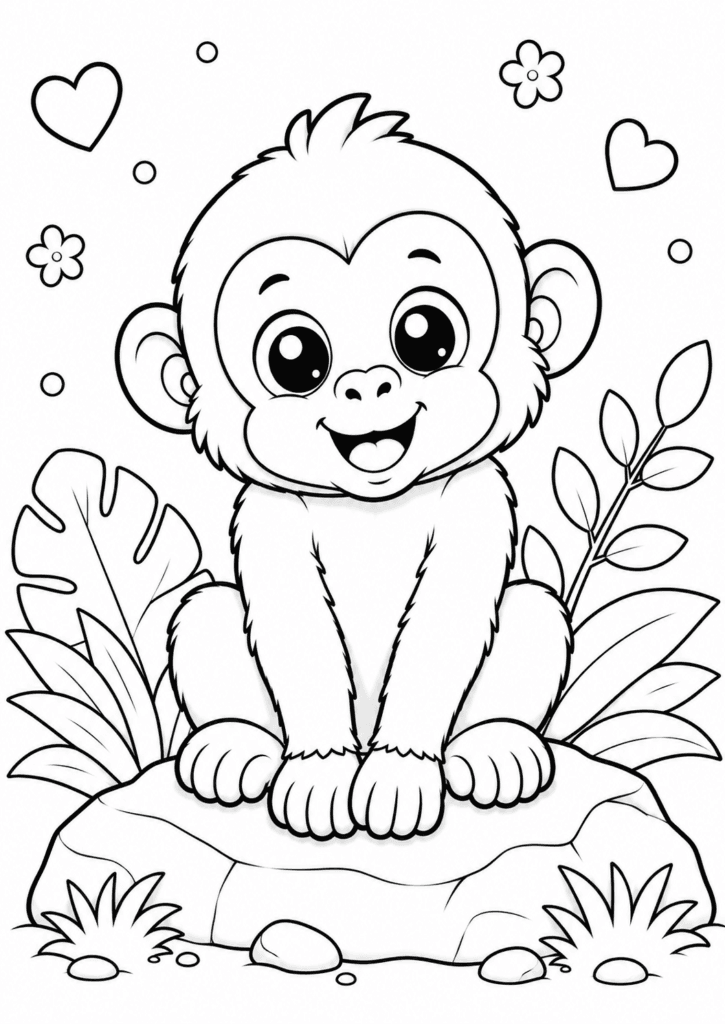 Cute macaque monkey coloring page for kids sitting on rock