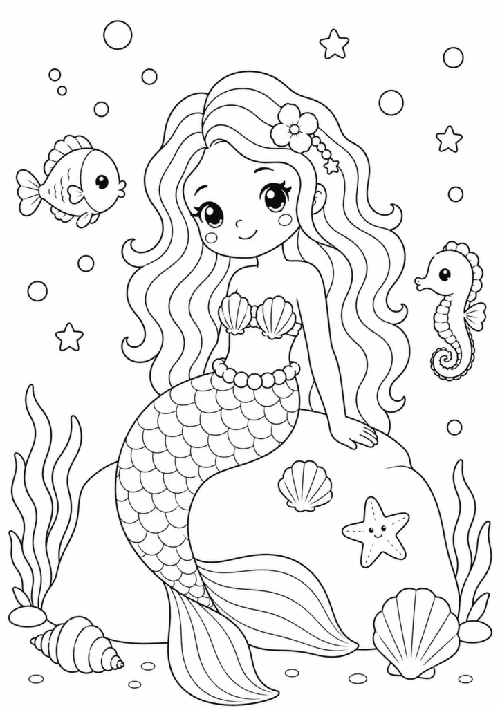 Cute mermaid coloring page for kids with fish, seashells, and underwater ocean scene