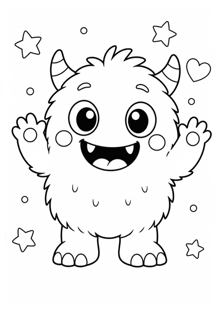 Cute monster coloring page for kids with fluffy kawaii monster