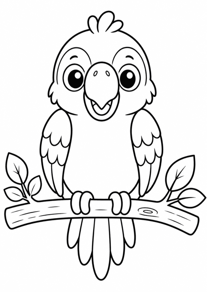 cute parrot on branch coloring page for kids